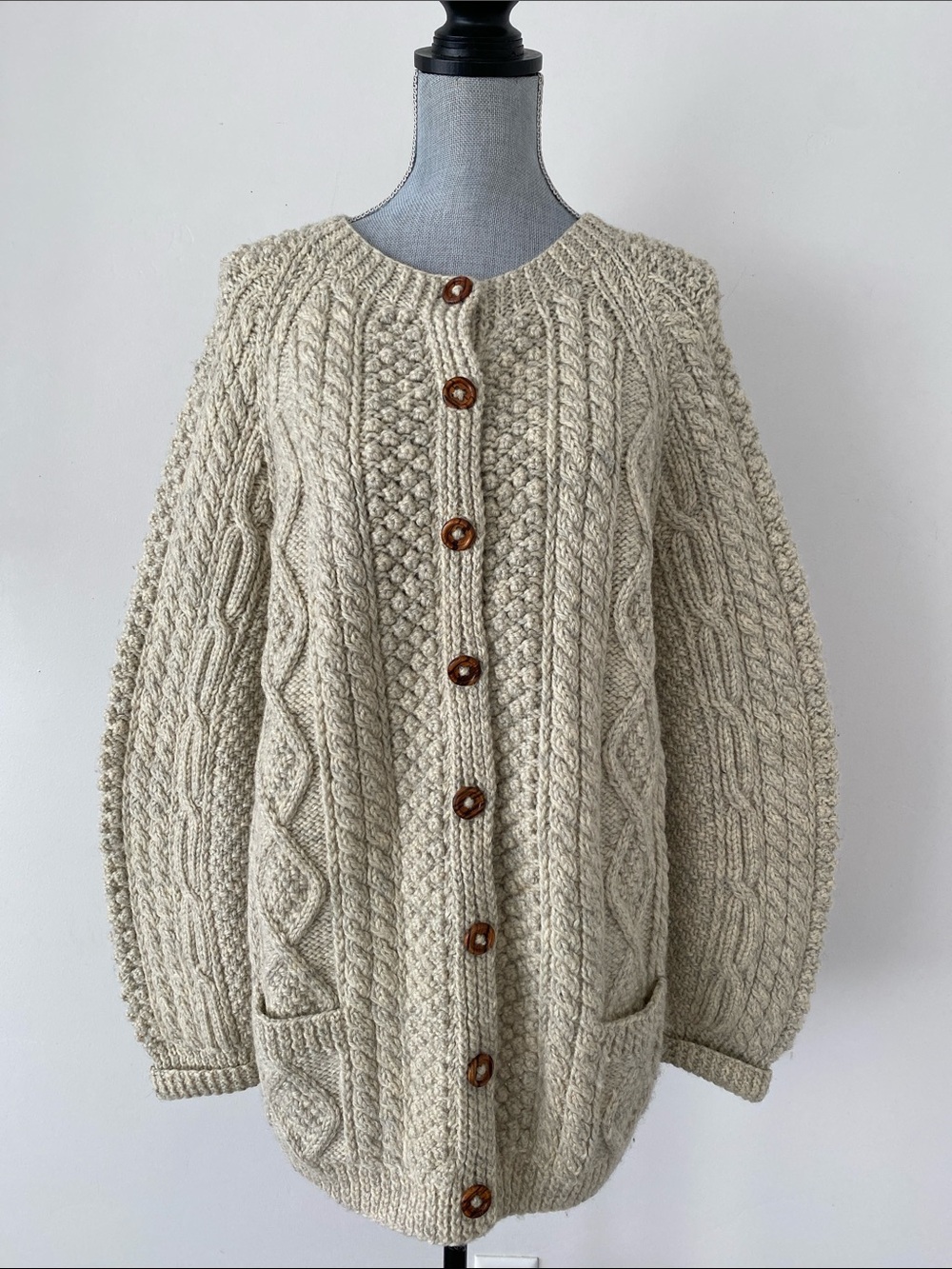 VTG 60s 70s Pure Wool Handwoven Tweeds Handknits Cable-Knit Cardigan L Fisherman